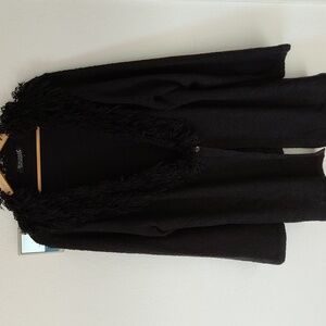 Dialogue Black Textured Cardigan with Fringe Collar 3XL